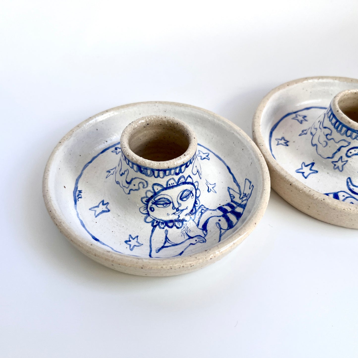 Handcrafted Ceramic Candlestick Holder Set – Sun & Moon Night Design (Speckled Stoneware)