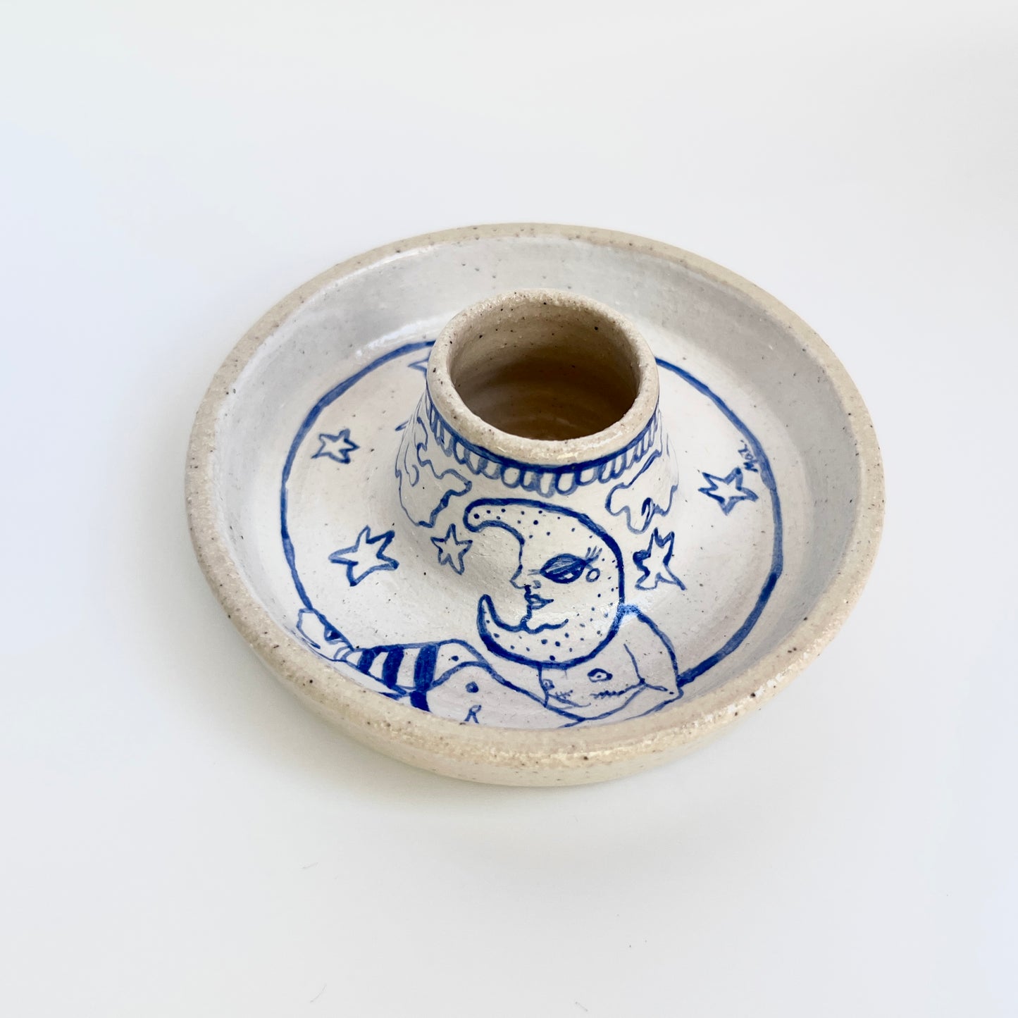 Handcrafted Ceramic Candlestick Holder Set – Sun & Moon Night Design (Speckled Stoneware)