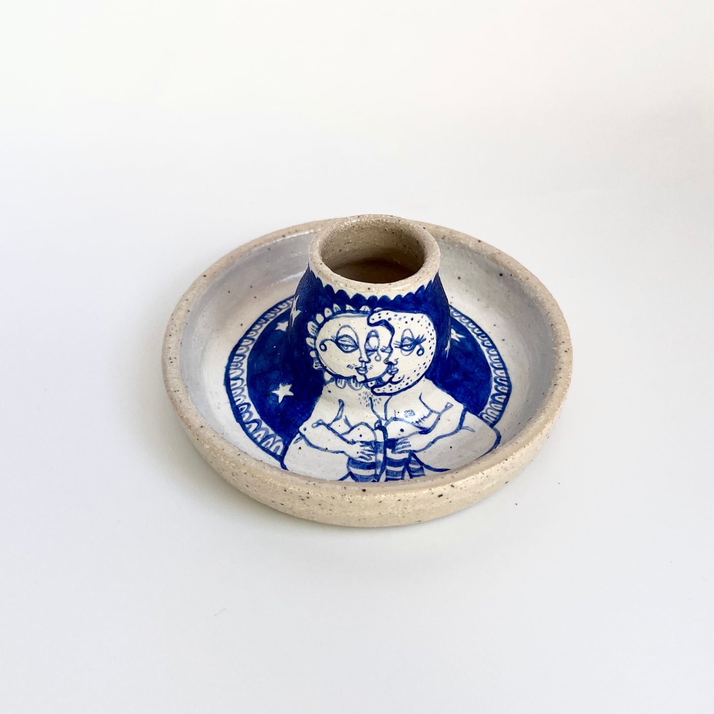 Handcrafted Ceramic Candlestick Holder – Sun & Moon Design (Speckled Stoneware)