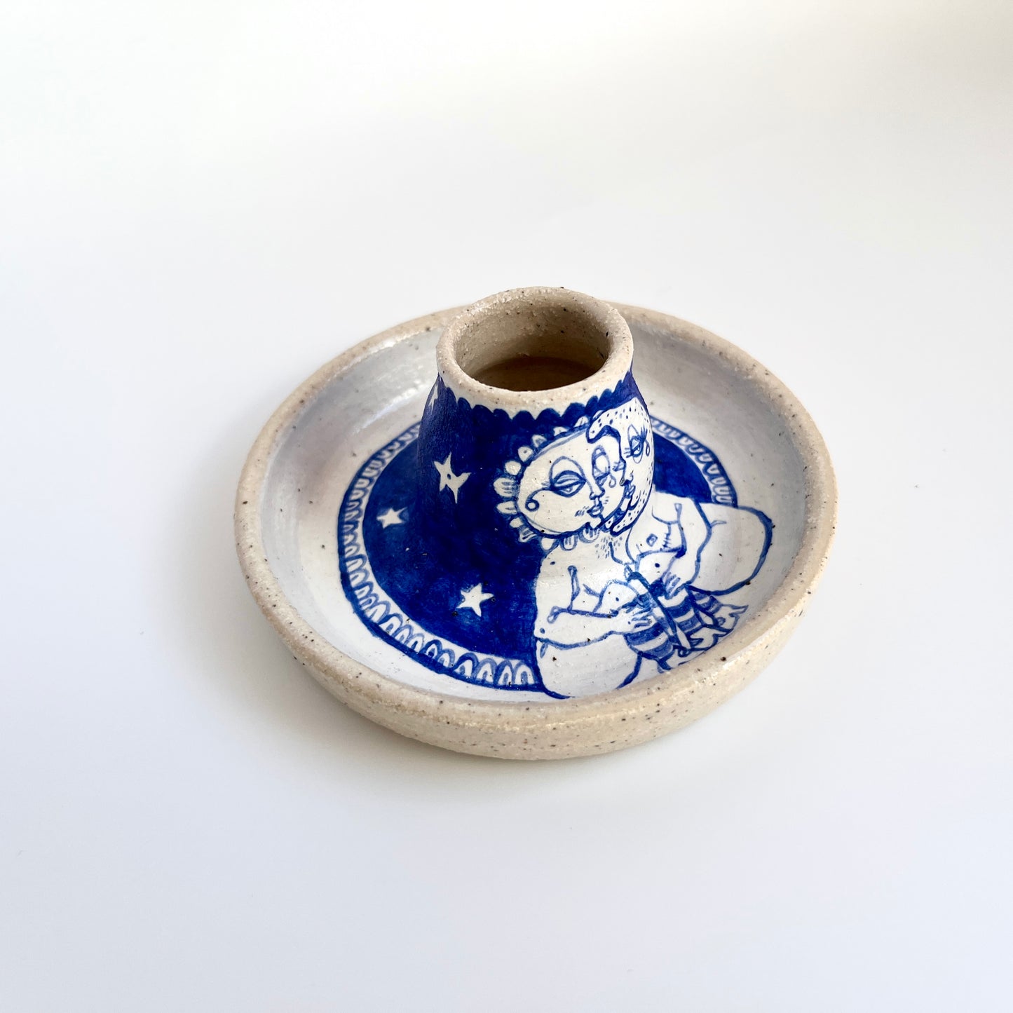 Handcrafted Ceramic Candlestick Holder – Sun & Moon Design (Speckled Stoneware)