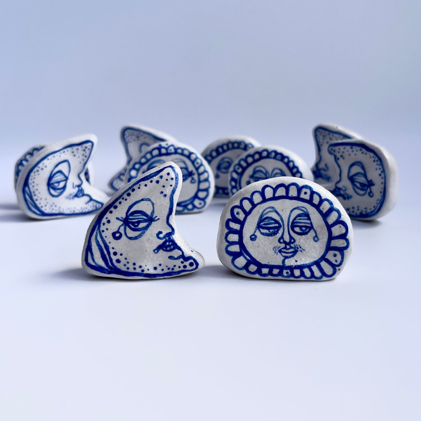 Handcrafted Ceramic Sun & Moon Ornament Set – Mini Decorative Companions (Speckled Stoneware)