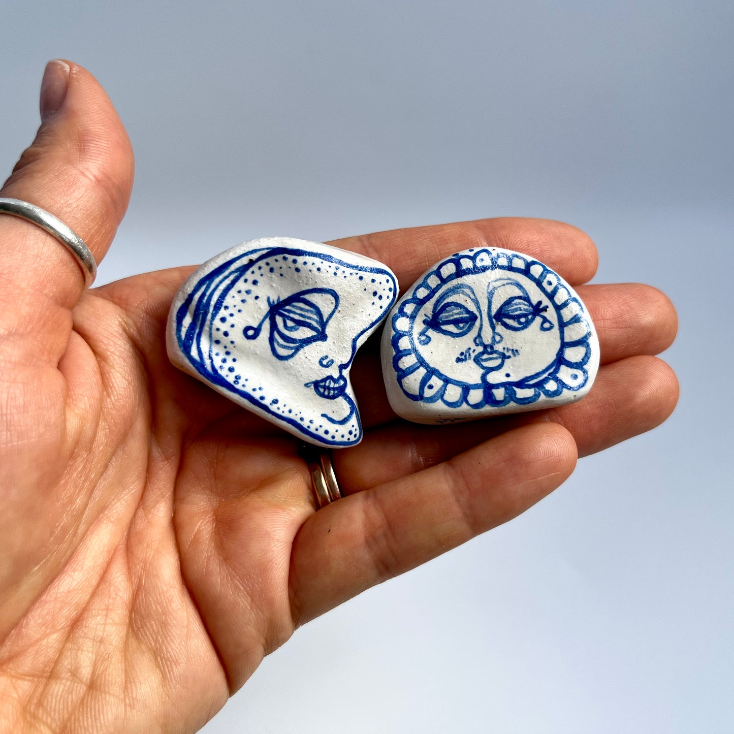 Handcrafted Ceramic Sun & Moon Ornament Set – Mini Decorative Companions (Speckled Stoneware)