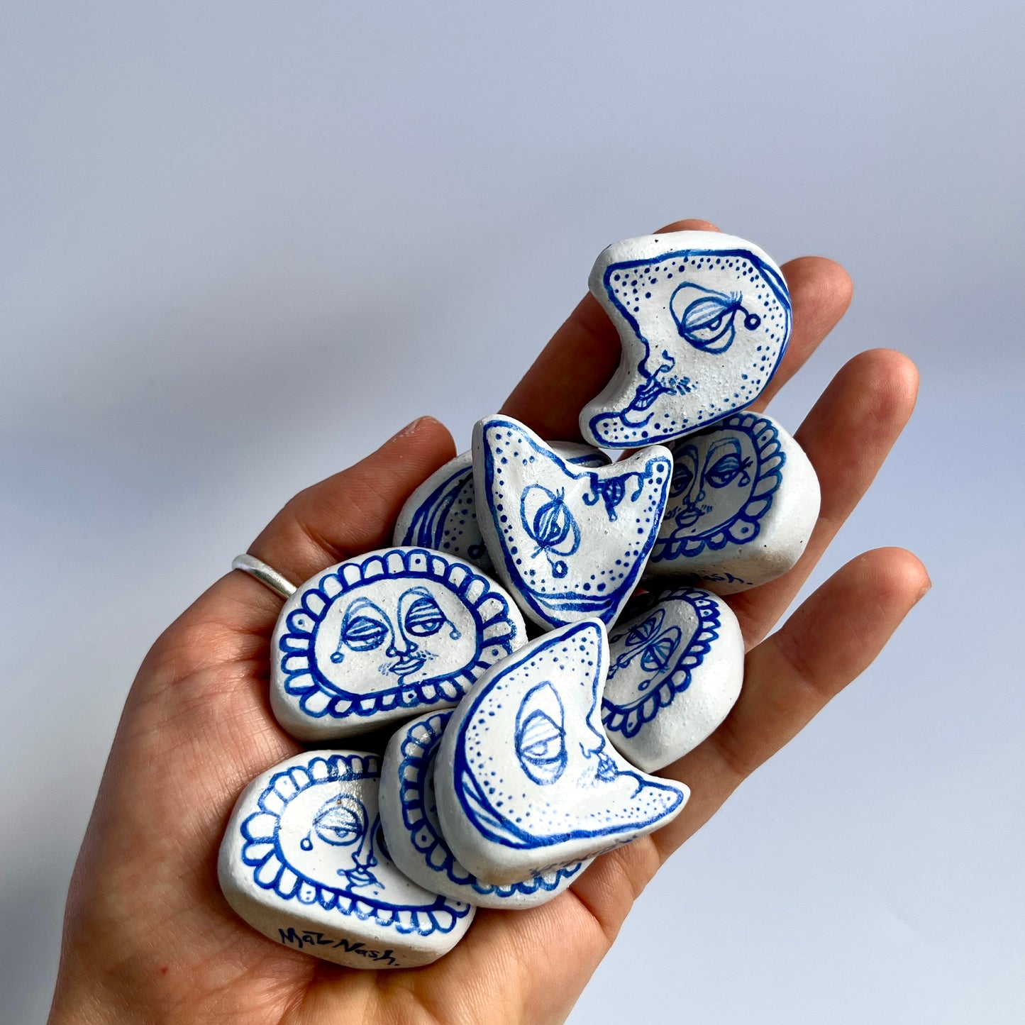 Handcrafted Ceramic Sun & Moon Ornament Set – Mini Decorative Companions (Speckled Stoneware)