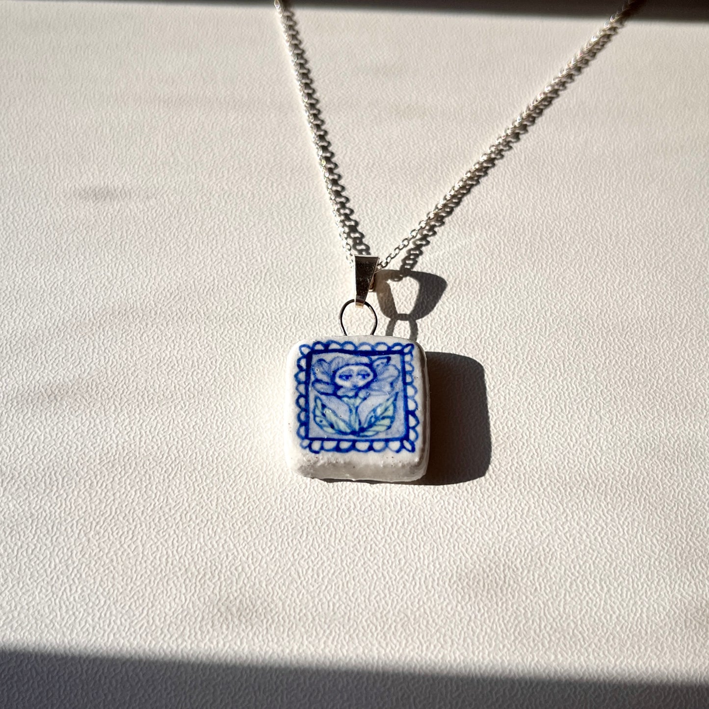 Handmade Square Ceramic Pendant Necklace – Flower Person Design (Sterling Silver, Botanical Jewellery)
