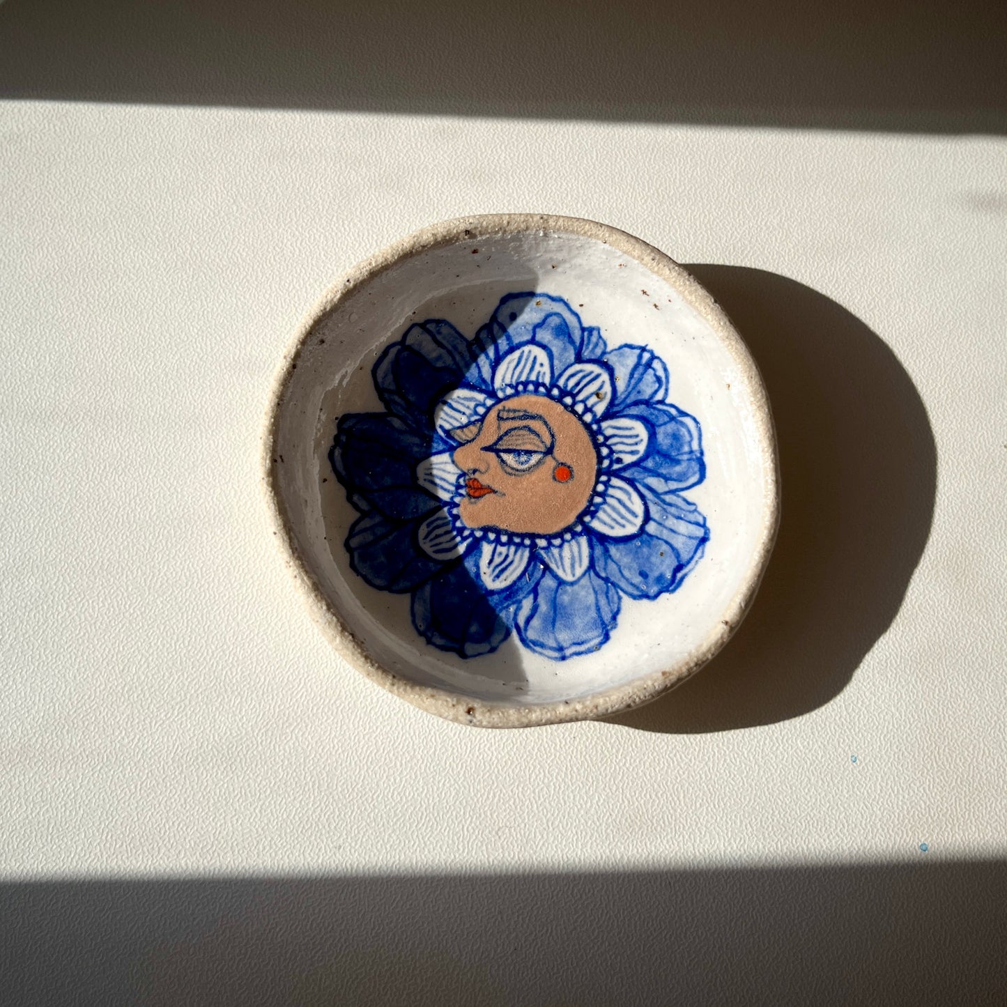 Handcrafted Ceramic Trinket Dish - Flower Person Design (Speckled Stoneware)
