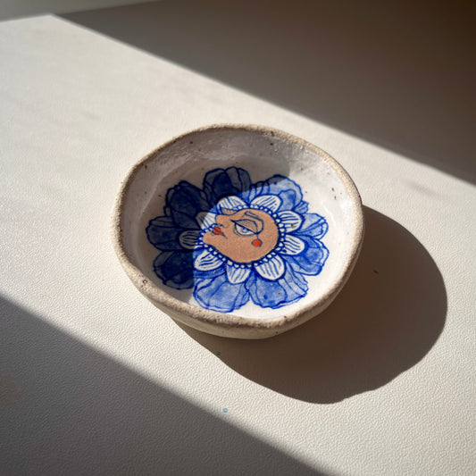 Handcrafted Ceramic Trinket Dish - Flower Person Design (Speckled Stoneware)