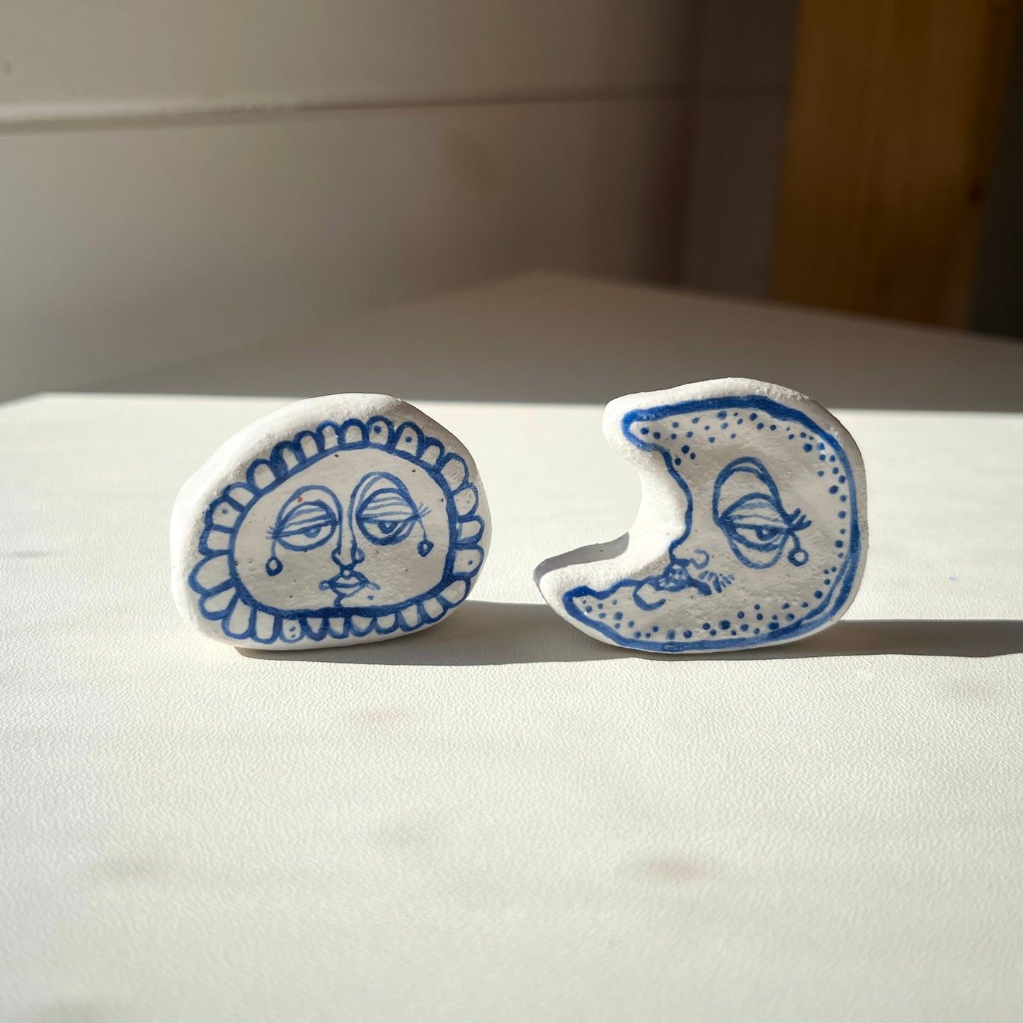 Handcrafted Ceramic Sun & Moon Ornament Set – Mini Decorative Companions (Speckled Stoneware)