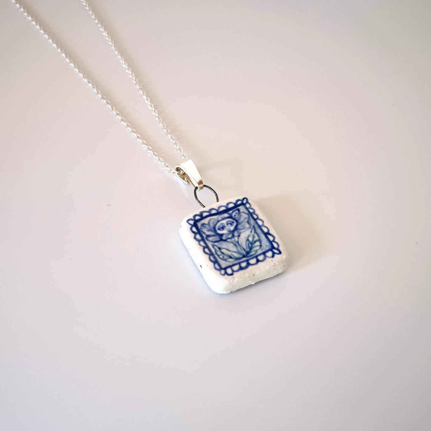 Handmade Square Ceramic Pendant Necklace – Flower Person Design (Sterling Silver, Botanical Jewellery)