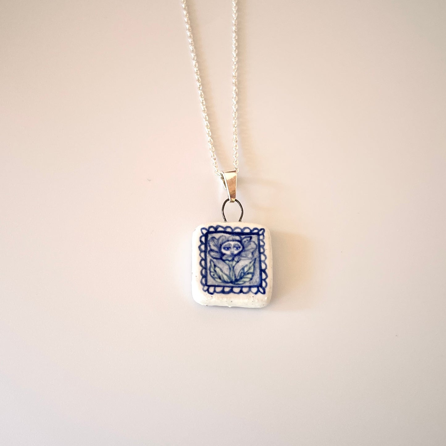Handmade Square Ceramic Pendant Necklace – Flower Person Design (Sterling Silver, Botanical Jewellery)