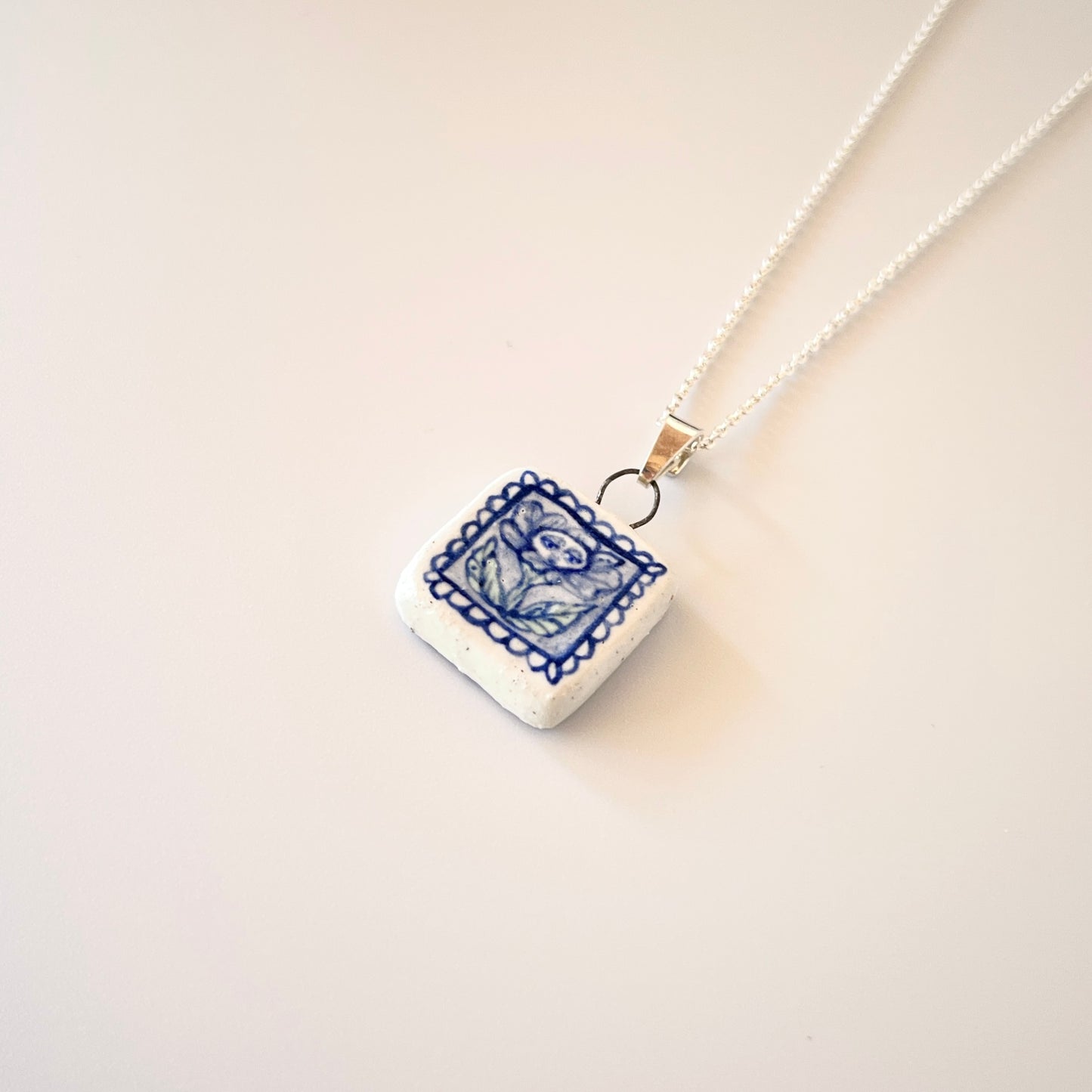 Handmade Square Ceramic Pendant Necklace – Flower Person Design (Sterling Silver, Botanical Jewellery)