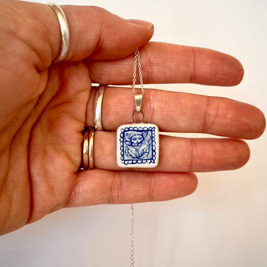 Handmade Square Ceramic Pendant Necklace – Flower Person Design (Sterling Silver, Botanical Jewellery)