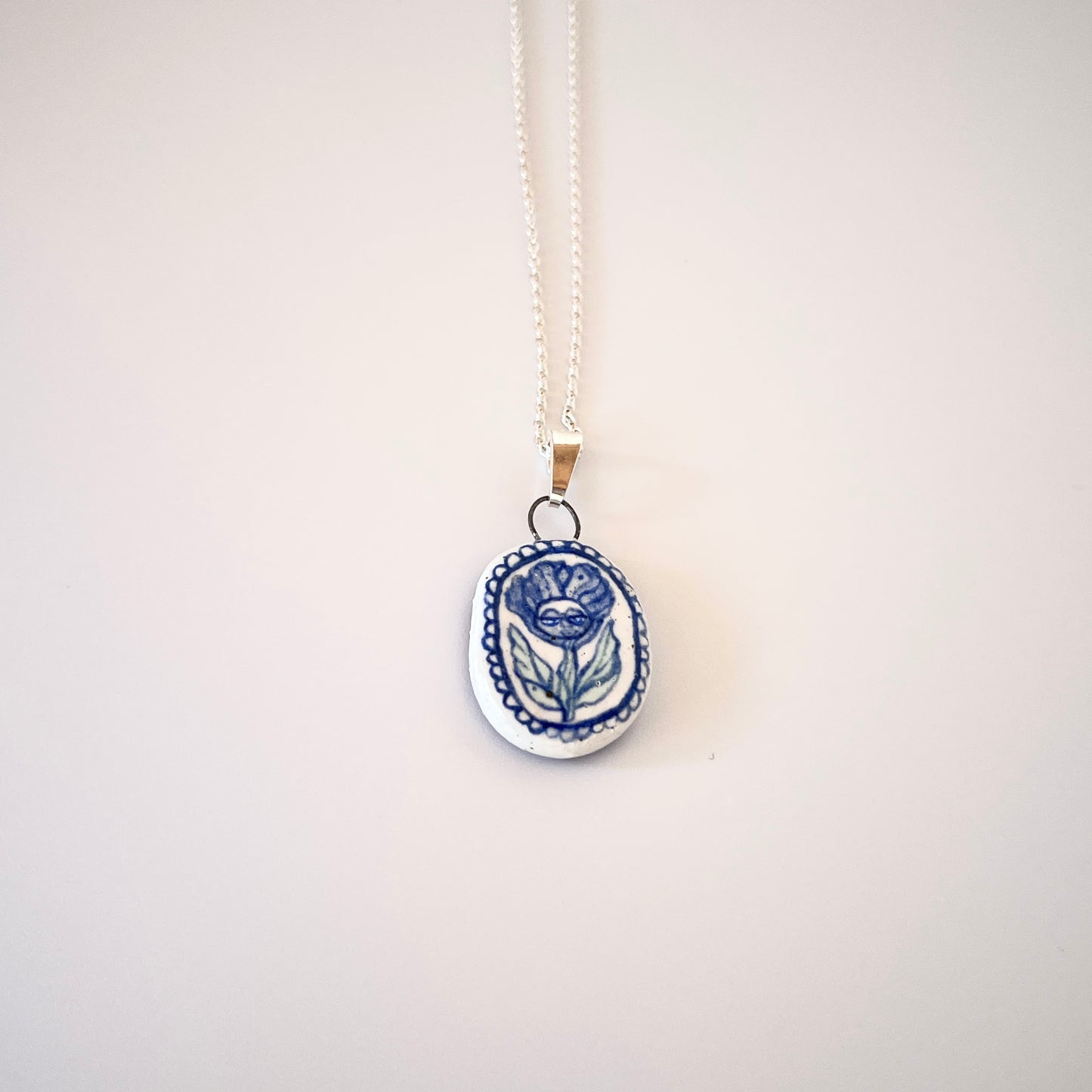 Handmade Ceramic Pendant Necklace – Flower Person Design (Sterling Silver, Nature-Inspired Jewellery)