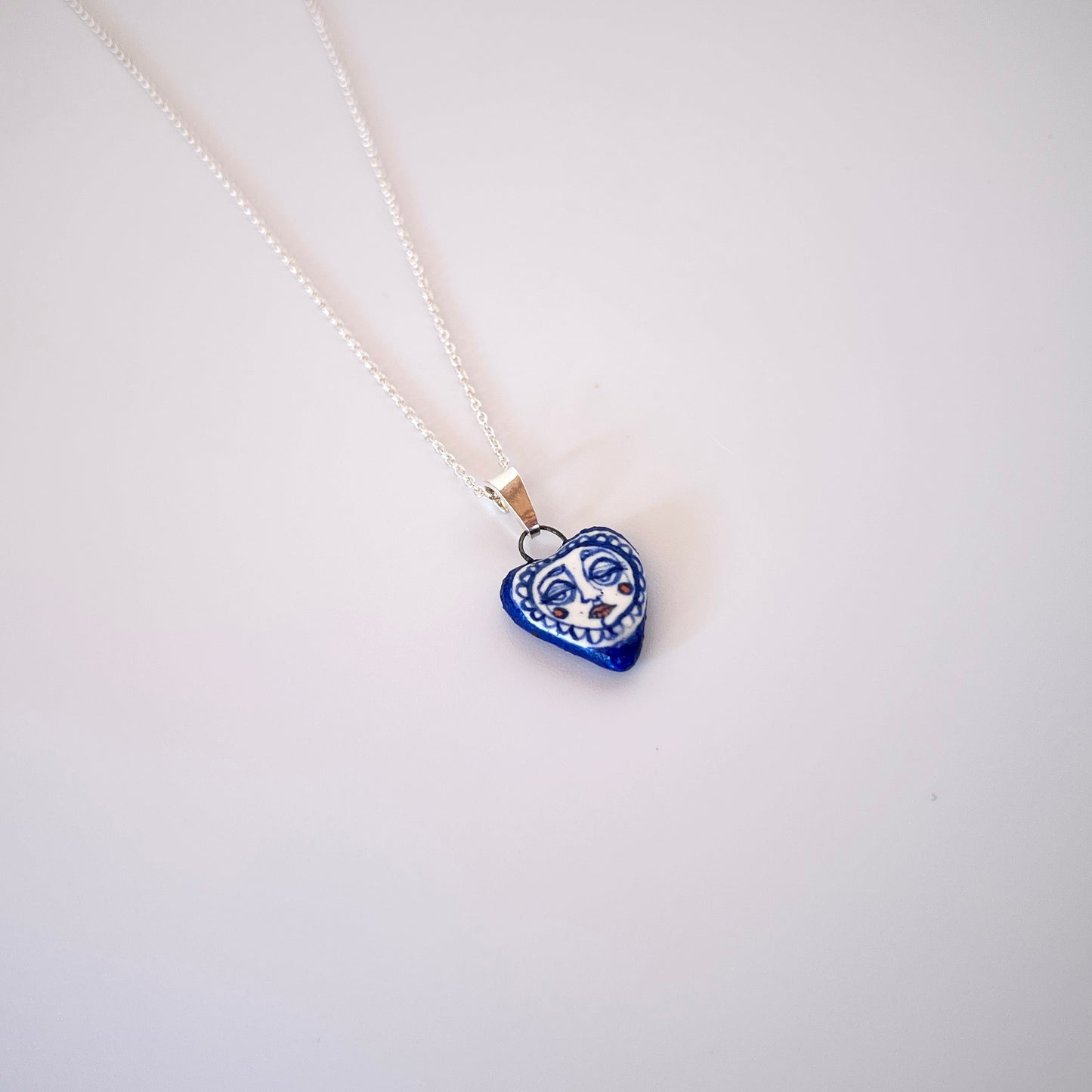Handmade Ceramic Heart Pendant Necklace – Whimsical Love Heart Face Design (Sterling Silver, Wearable Art)