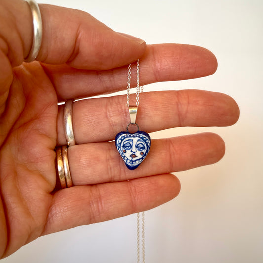 Handmade Ceramic Heart Pendant Necklace – Whimsical Love Heart Face Design (Sterling Silver, Wearable Art)