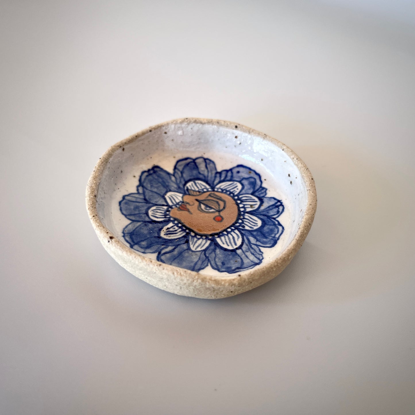 Handcrafted Ceramic Trinket Dish - Flower Person Design (Speckled Stoneware)