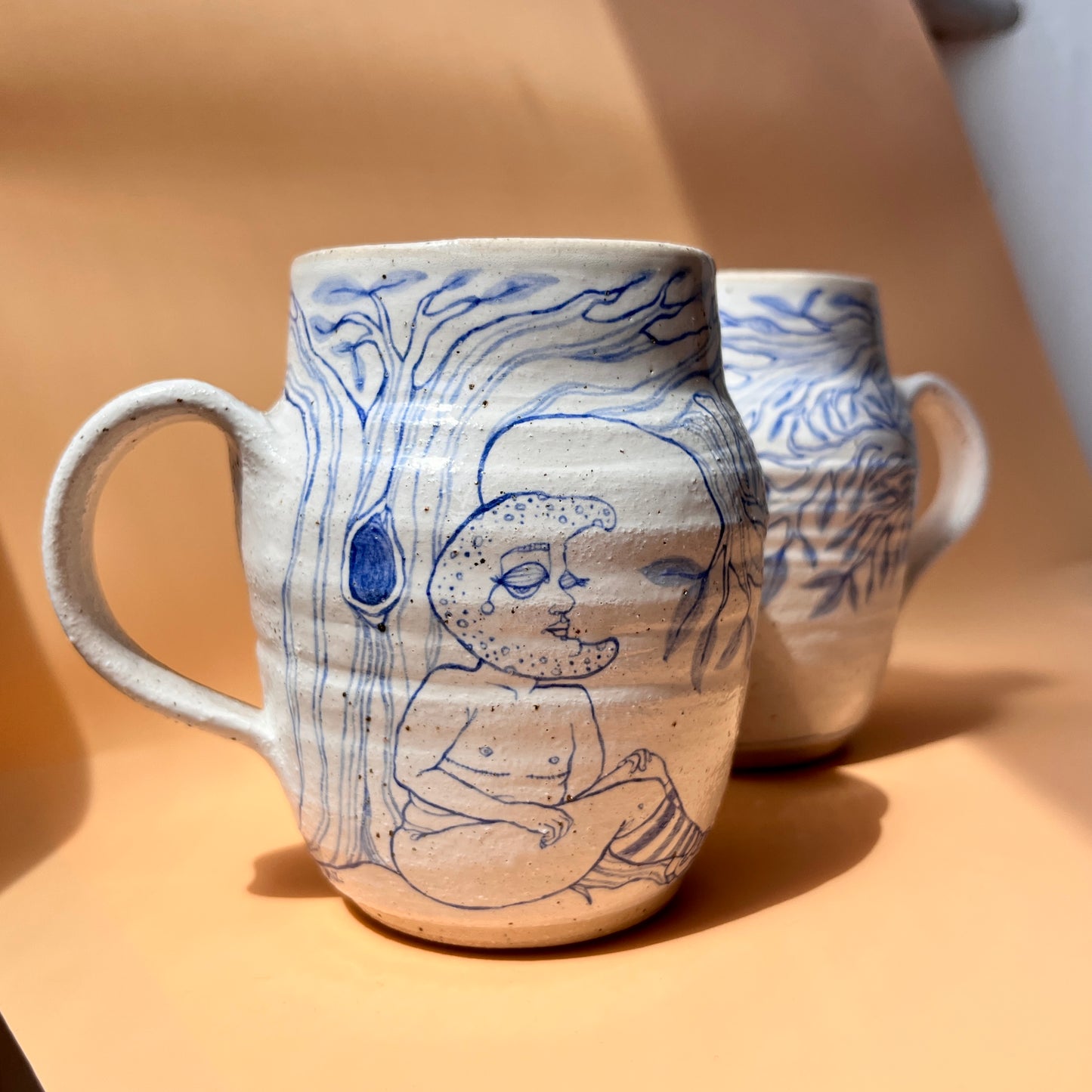 Handcrafted Large Ceramic Mug Set – Under the Same Tree: Sun & Moon Design (Speckled Stoneware, 450ml)