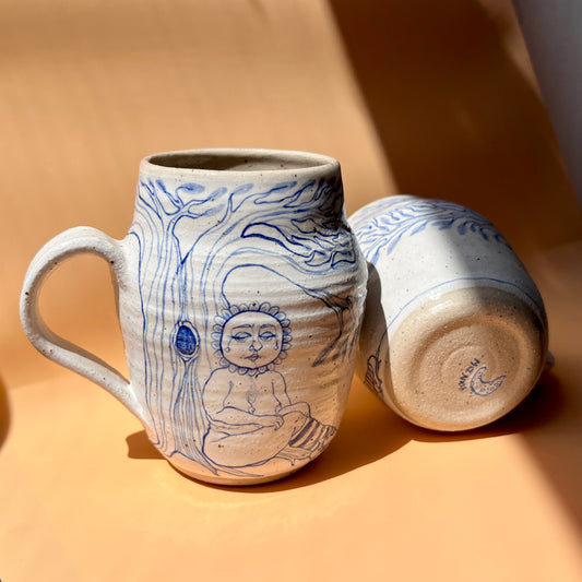 Handcrafted Large Ceramic Mug Set – Under the Same Tree: Sun & Moon Design (Speckled Stoneware, 450ml)