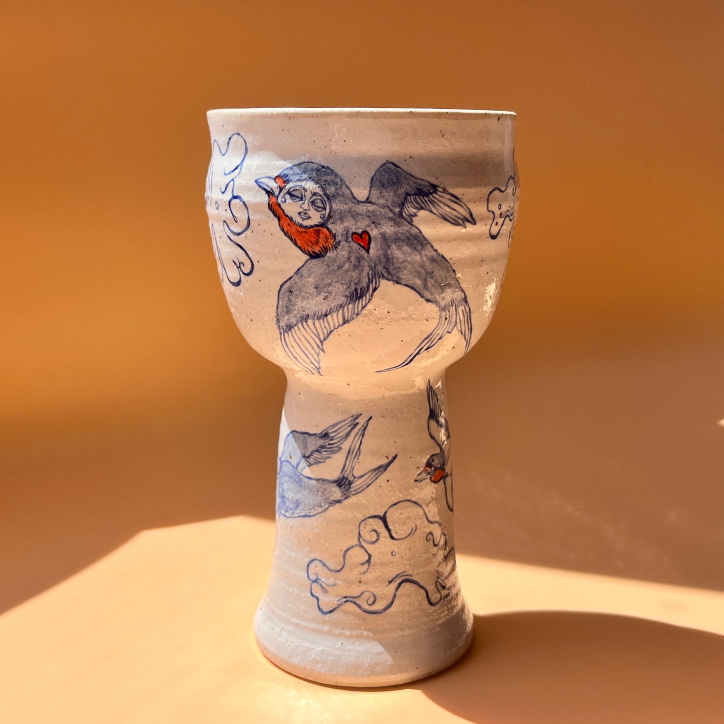 Handcrafted Ceramic Goblet - Evening Swallows (250ml, Speckled Stoneware)
