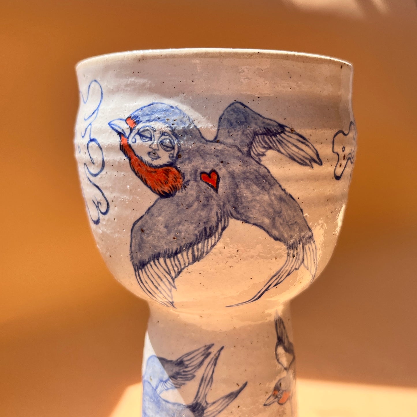Handcrafted Ceramic Goblet - Evening Swallows (250ml, Speckled Stoneware)