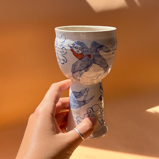 Handcrafted Ceramic Goblet - Evening Swallows (250ml, Speckled Stoneware)