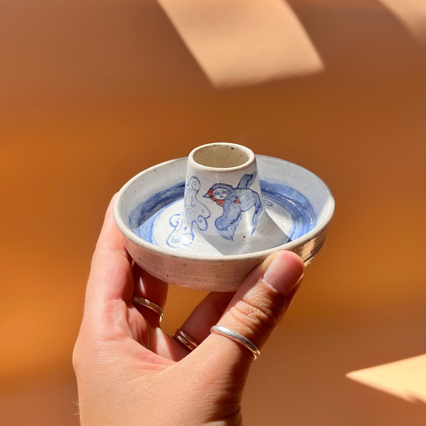 Handcrafted Ceramic Candlestick Holder – Swallow Design (Speckled Stoneware)