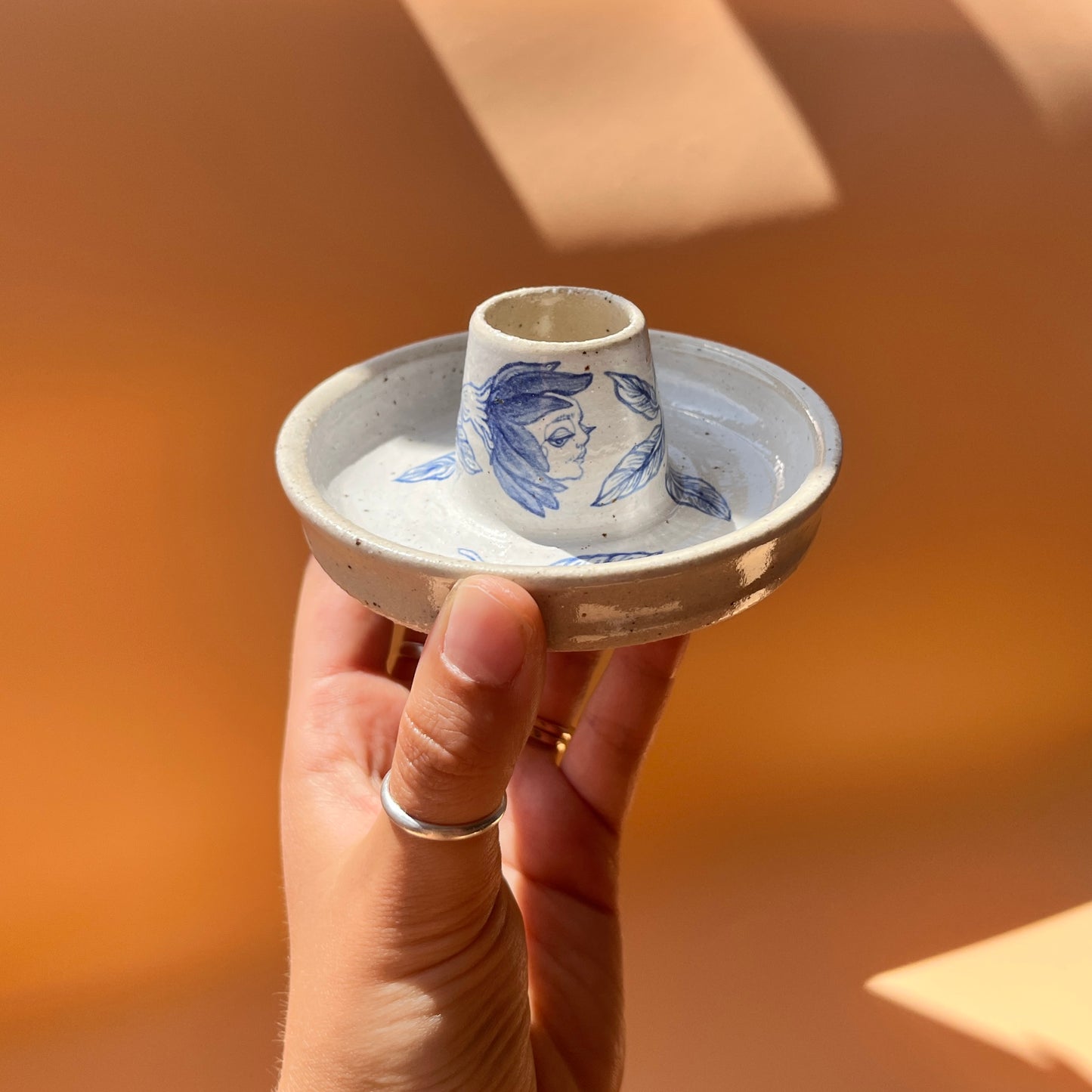 Handcrafted Ceramic Candlestick Holder – Flower Design (Speckled Stoneware)