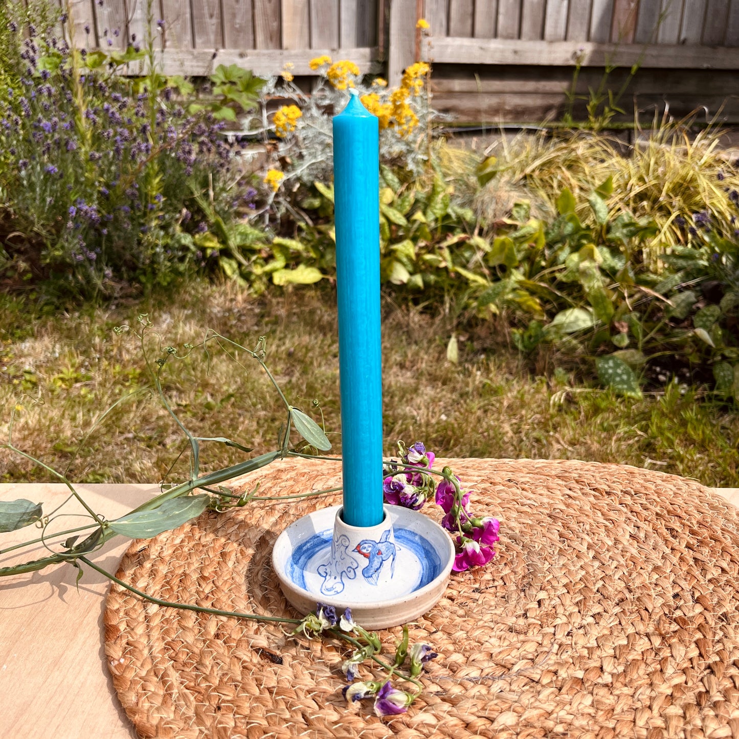 Handcrafted Ceramic Candlestick Holder – Swallow Design (Speckled Stoneware)