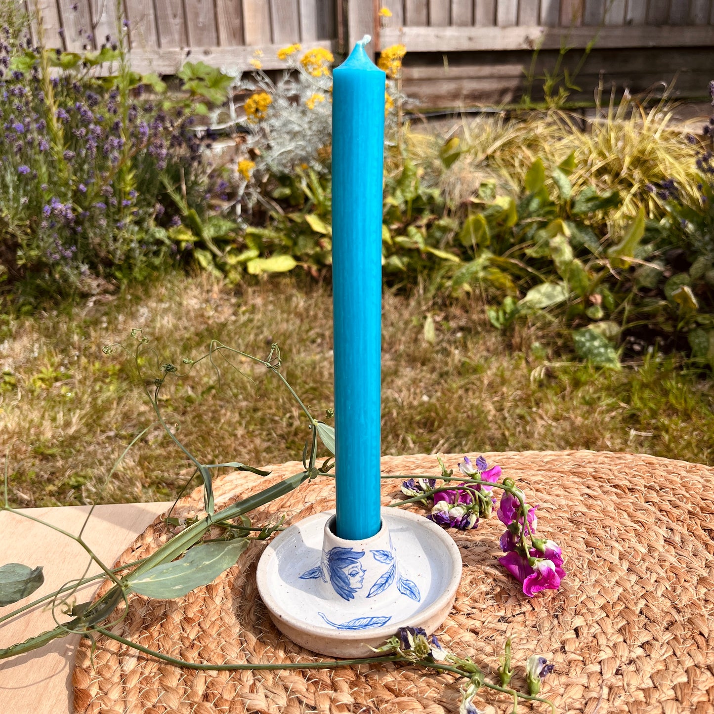 Handcrafted Ceramic Candlestick Holder – Flower Design (Speckled Stoneware)