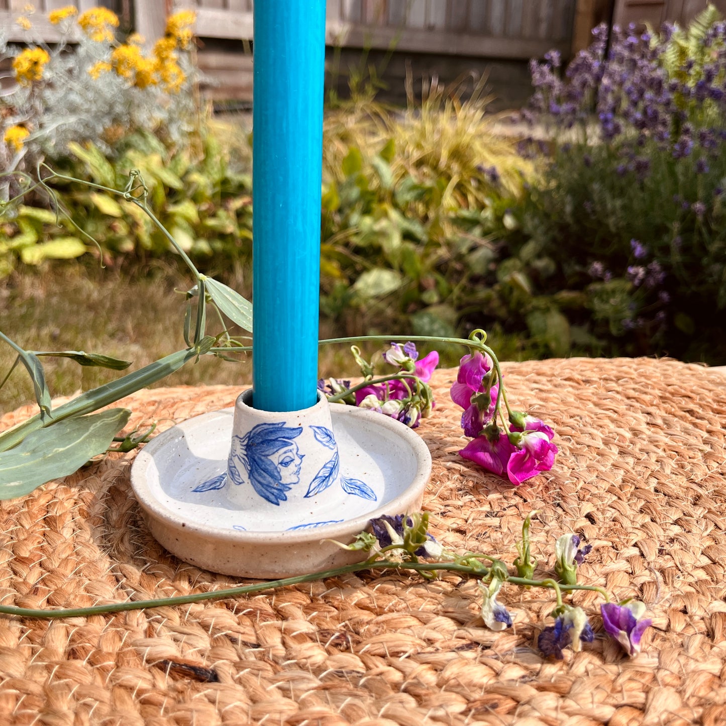 Handcrafted Ceramic Candlestick Holder – Flower Design (Speckled Stoneware)