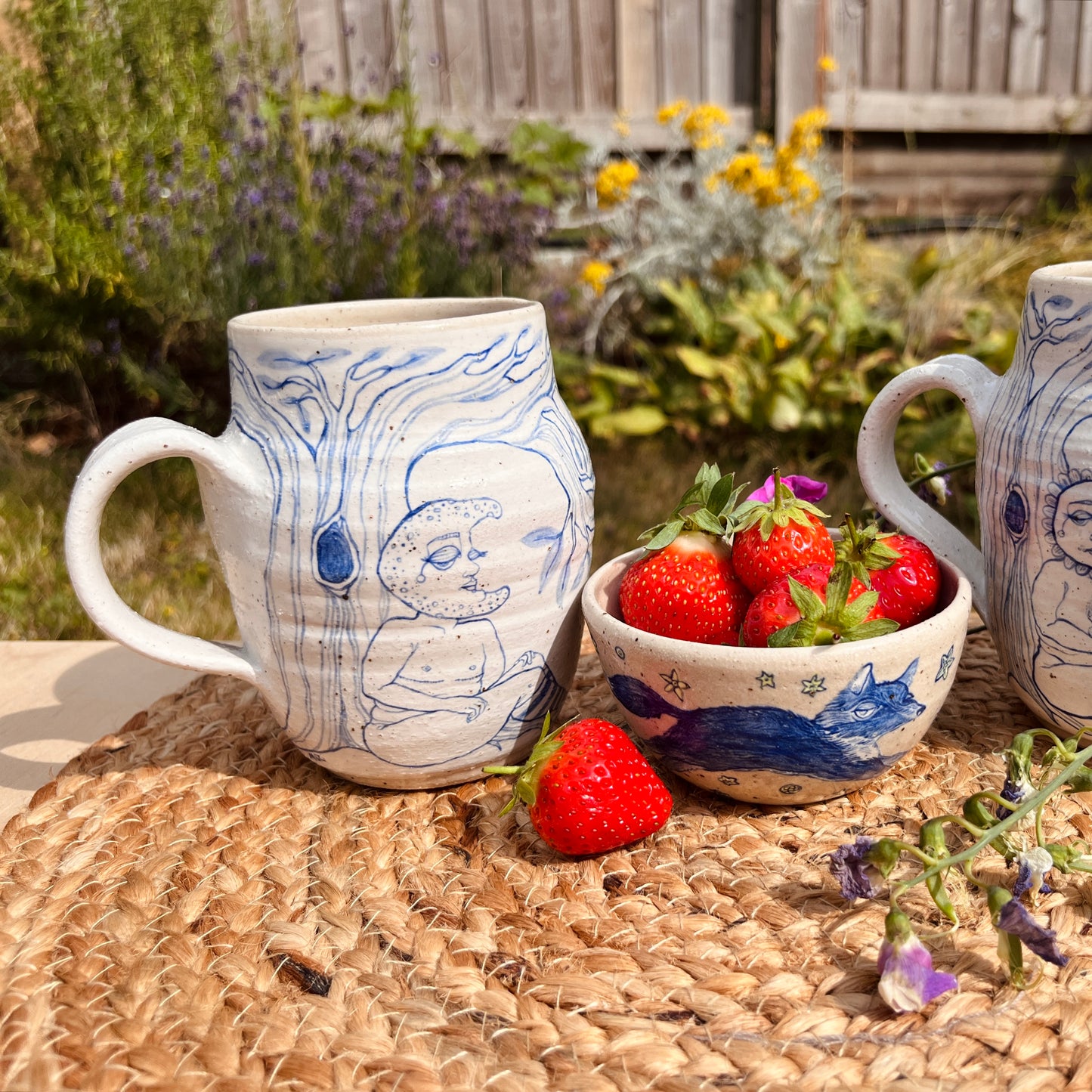 Handcrafted Large Ceramic Mug Set – Under the Same Tree: Sun & Moon Design (Speckled Stoneware, 450ml)