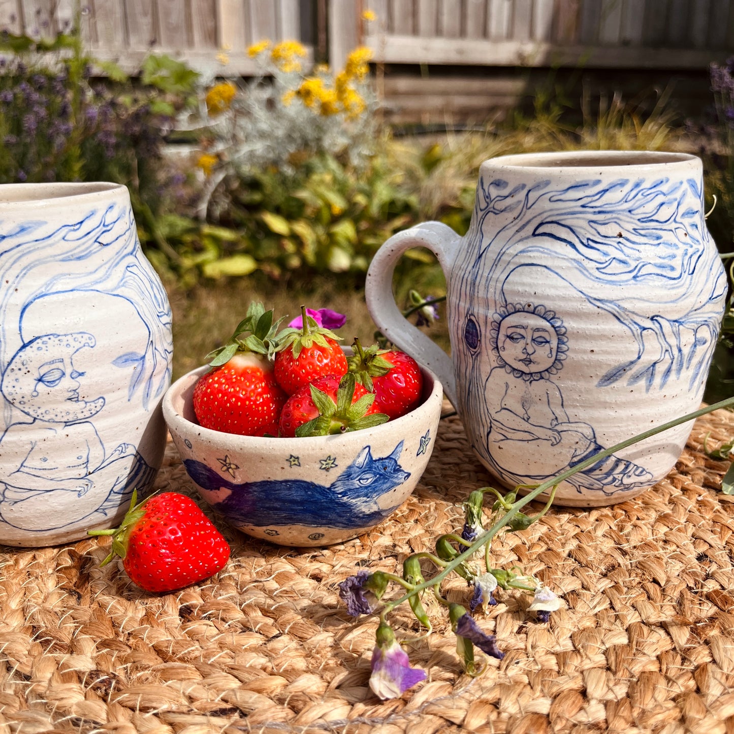 Handcrafted Large Ceramic Mug Set – Under the Same Tree: Sun & Moon Design (Speckled Stoneware, 450ml)