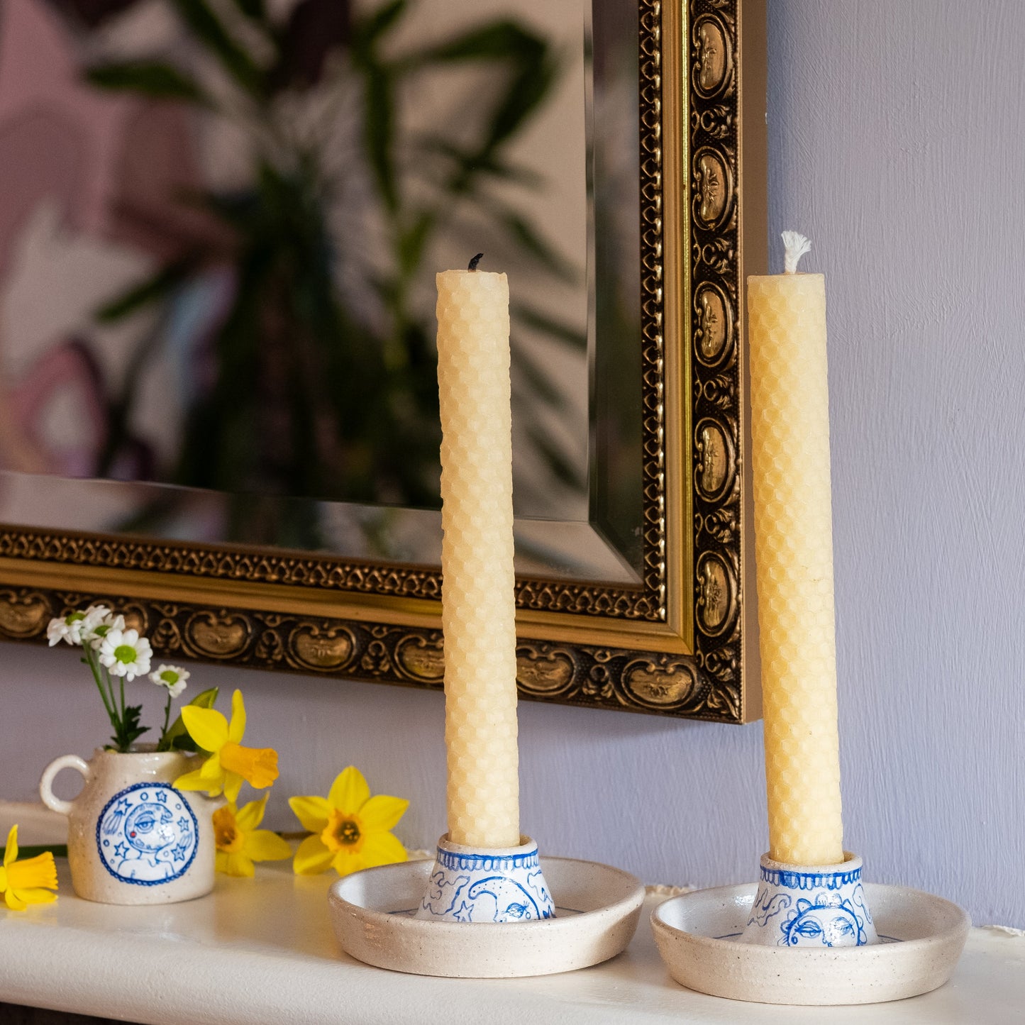 Handcrafted Ceramic Candlestick Holder Set – Sun & Moon Night Design (Speckled Stoneware)