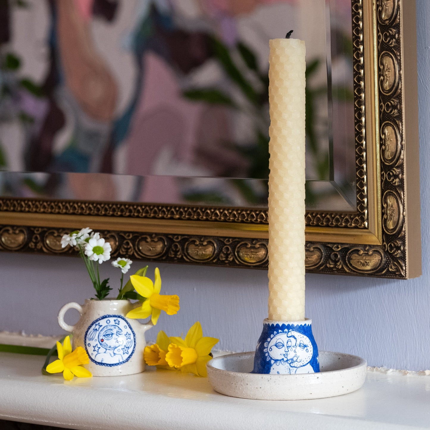 Handcrafted Ceramic Candlestick Holder – Sun & Moon Design (Speckled Stoneware)