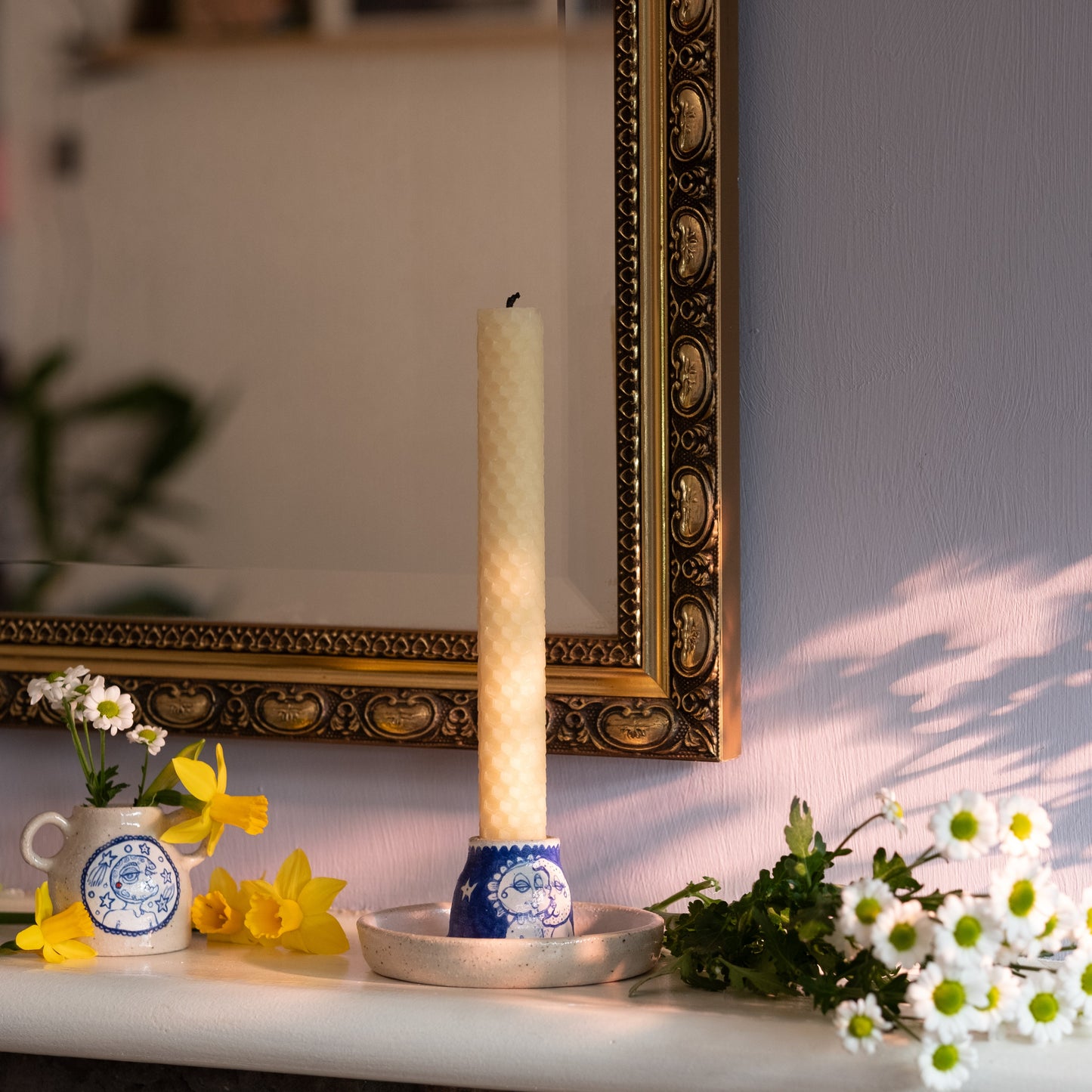 Handcrafted Ceramic Candlestick Holder – Sun & Moon Design (Speckled Stoneware)