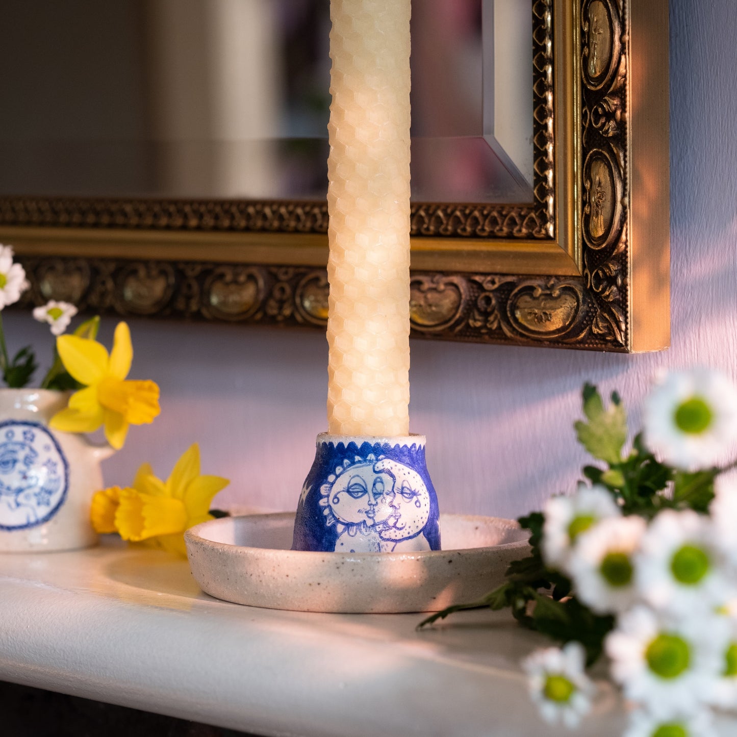 Handcrafted Ceramic Candlestick Holder – Sun & Moon Design (Speckled Stoneware)