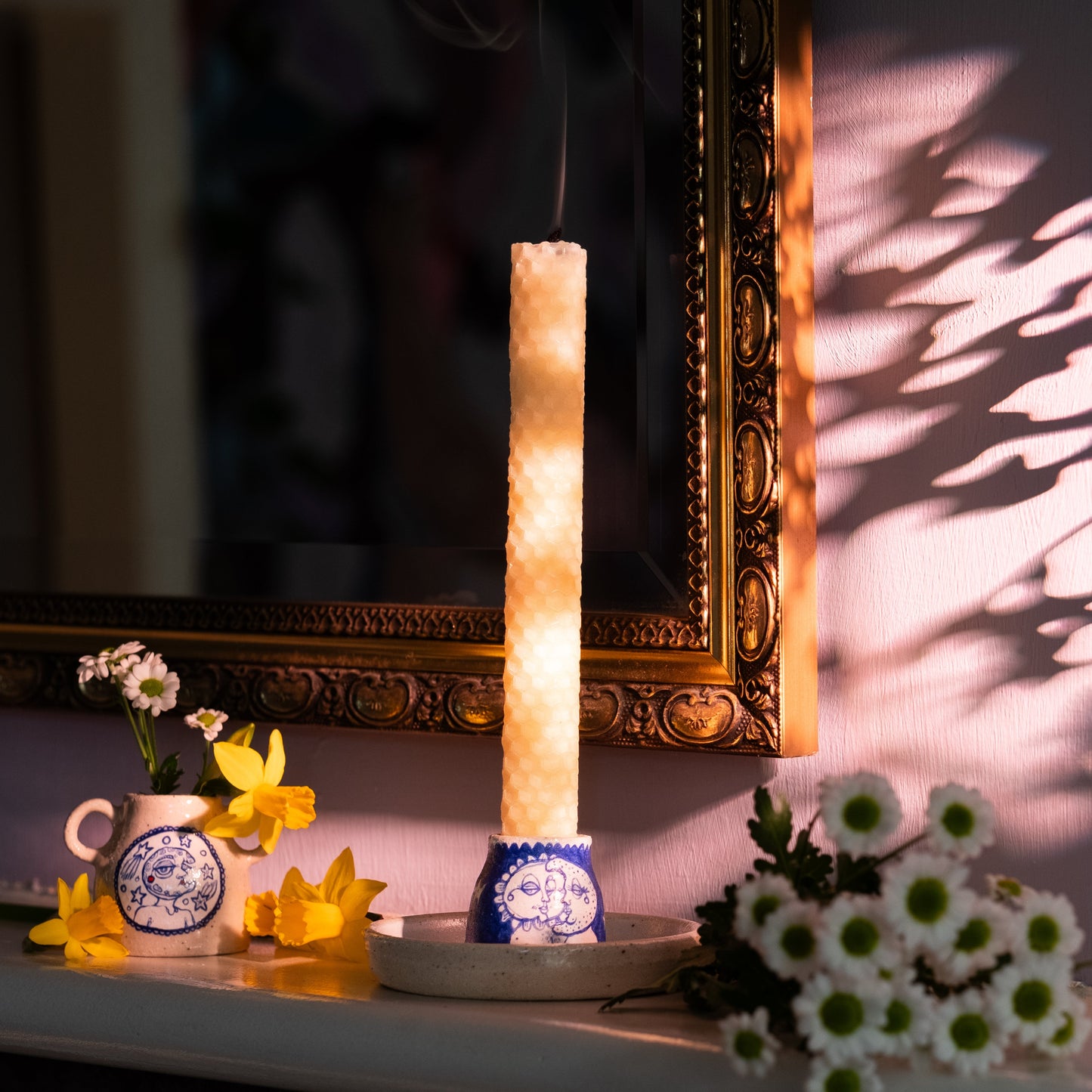 Handcrafted Ceramic Candlestick Holder – Sun & Moon Design (Speckled Stoneware)