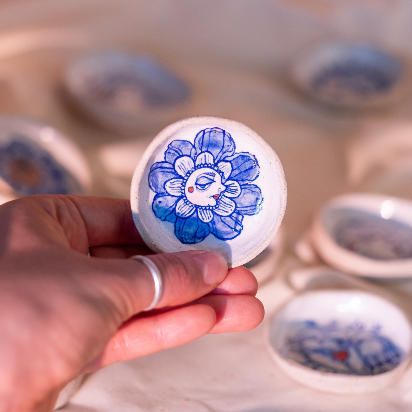 Handcrafted Ceramic Trinket Dish - Flower Person Design (Speckled Stoneware)