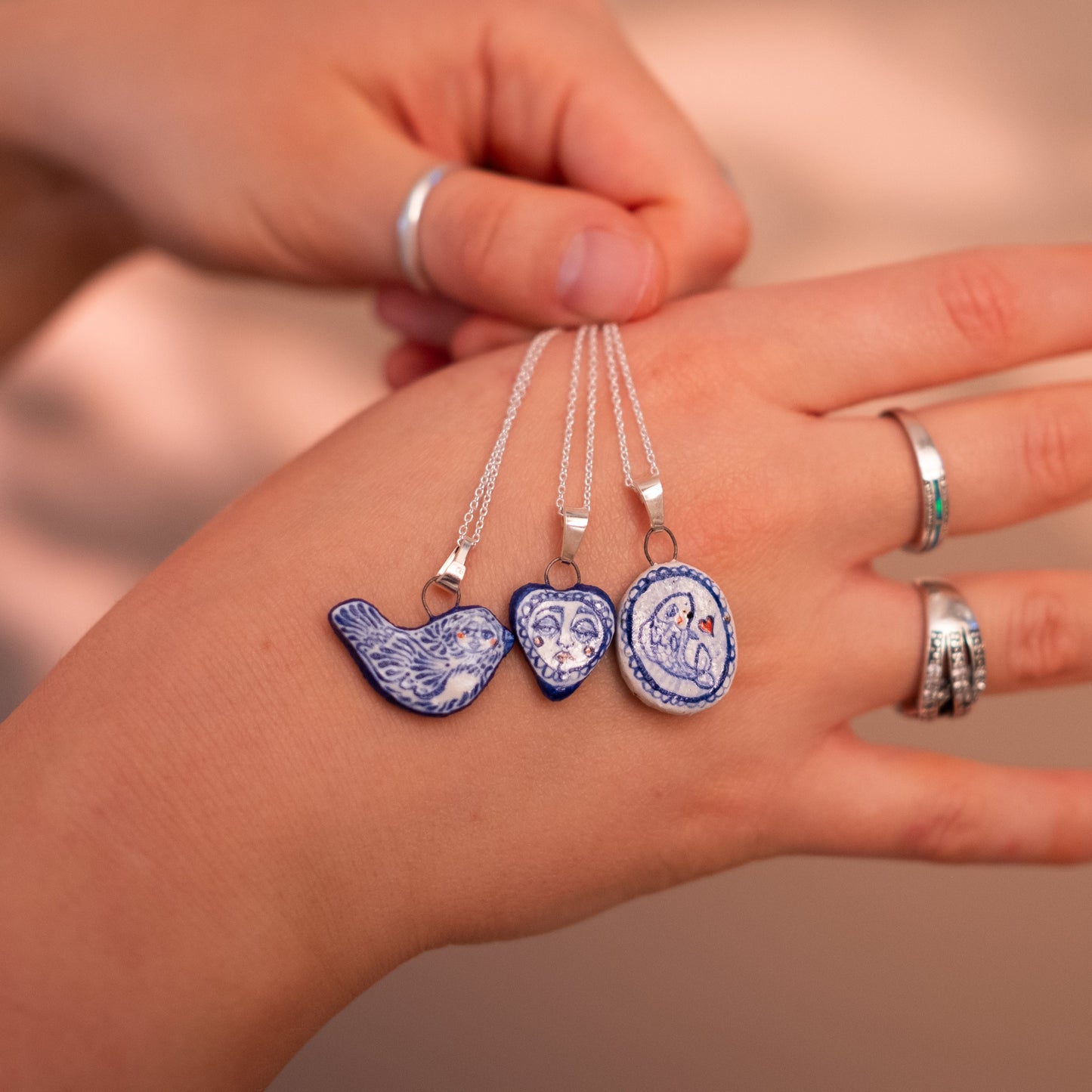 Handmade Ceramic Heart Pendant Necklace – Whimsical Love Heart Face Design (Sterling Silver, Wearable Art)