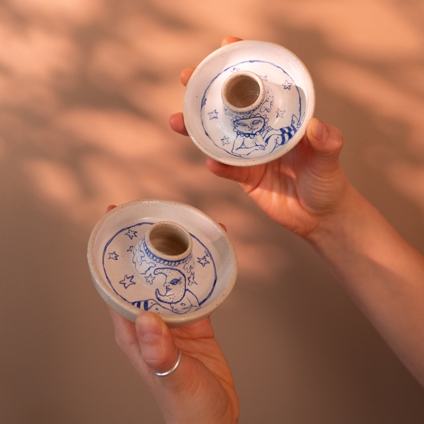 Handcrafted Ceramic Candlestick Holder Set – Sun & Moon Night Design (Speckled Stoneware)