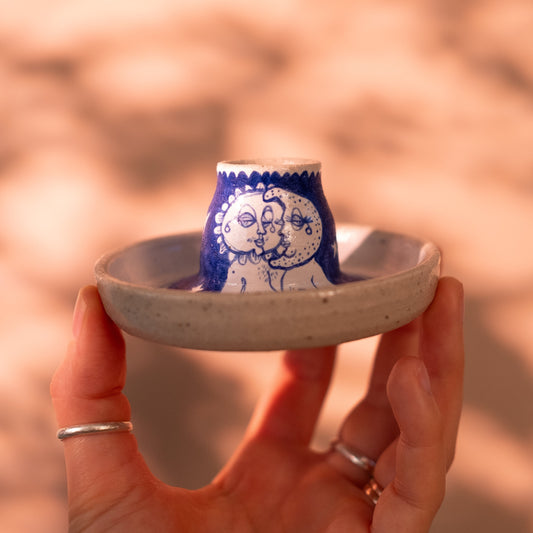 Handcrafted Ceramic Candlestick Holder – Sun & Moon Design (Speckled Stoneware)