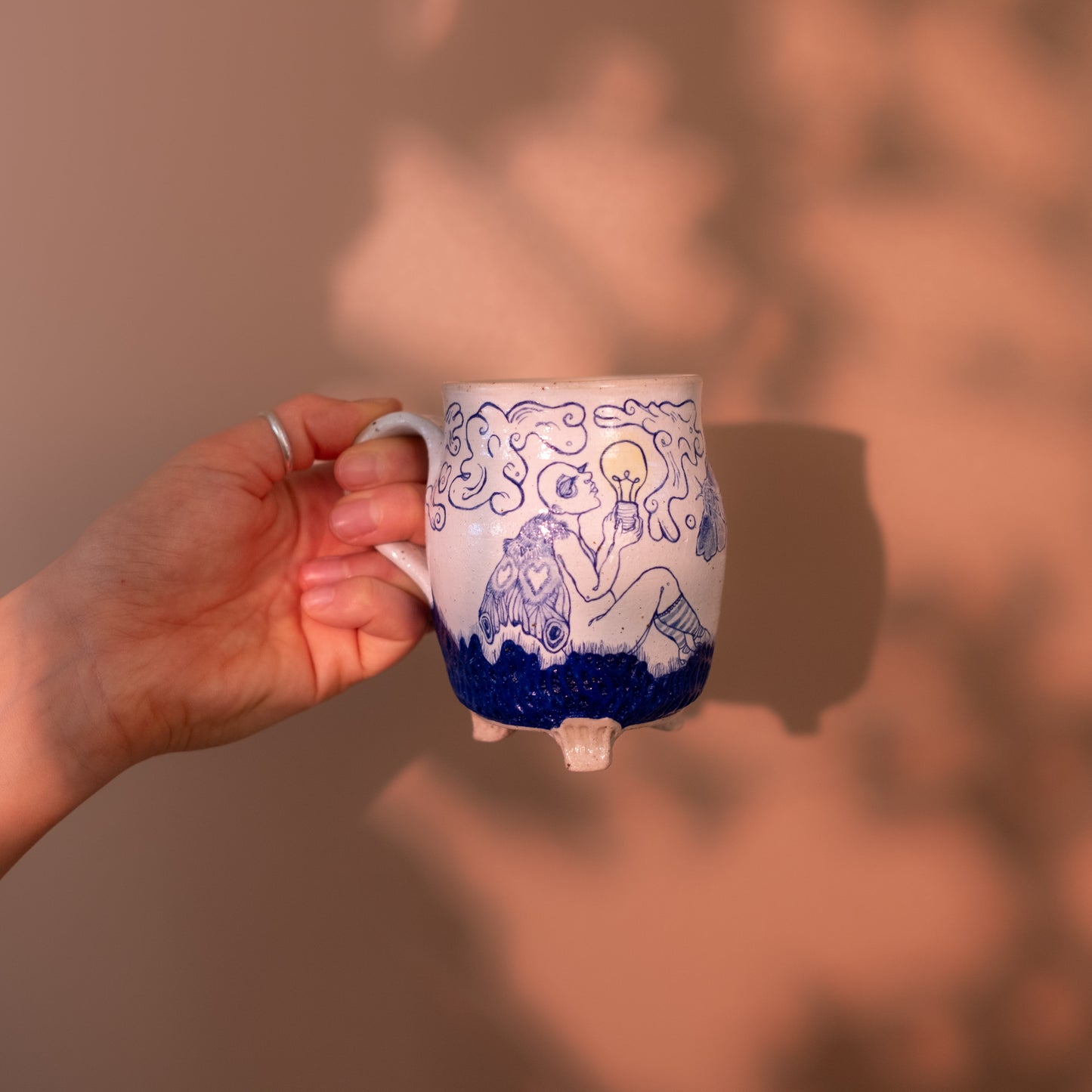 Handcrafted Ceramic Mug – Drawn To The Light Design (Speckled Stoneware, 300ml)