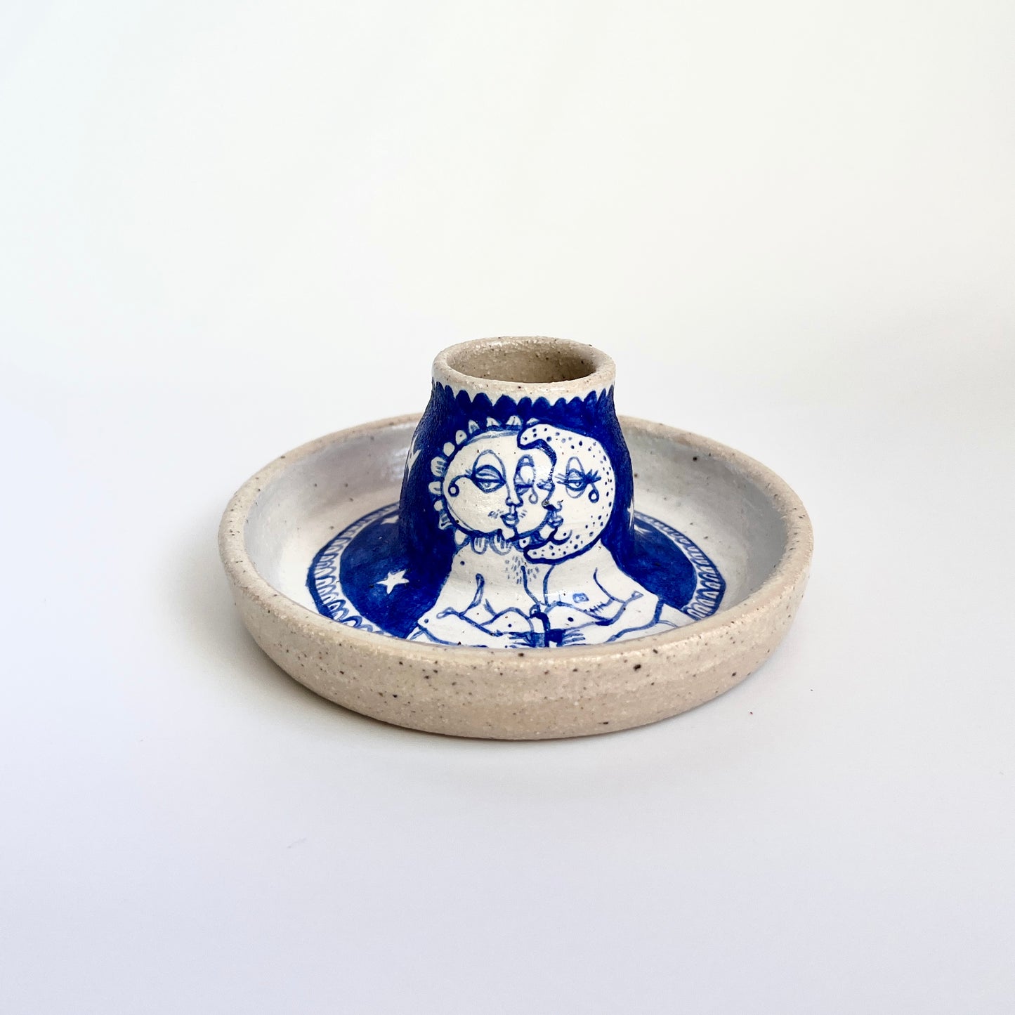 Handcrafted Ceramic Candlestick Holder – Sun & Moon Design (Speckled Stoneware)