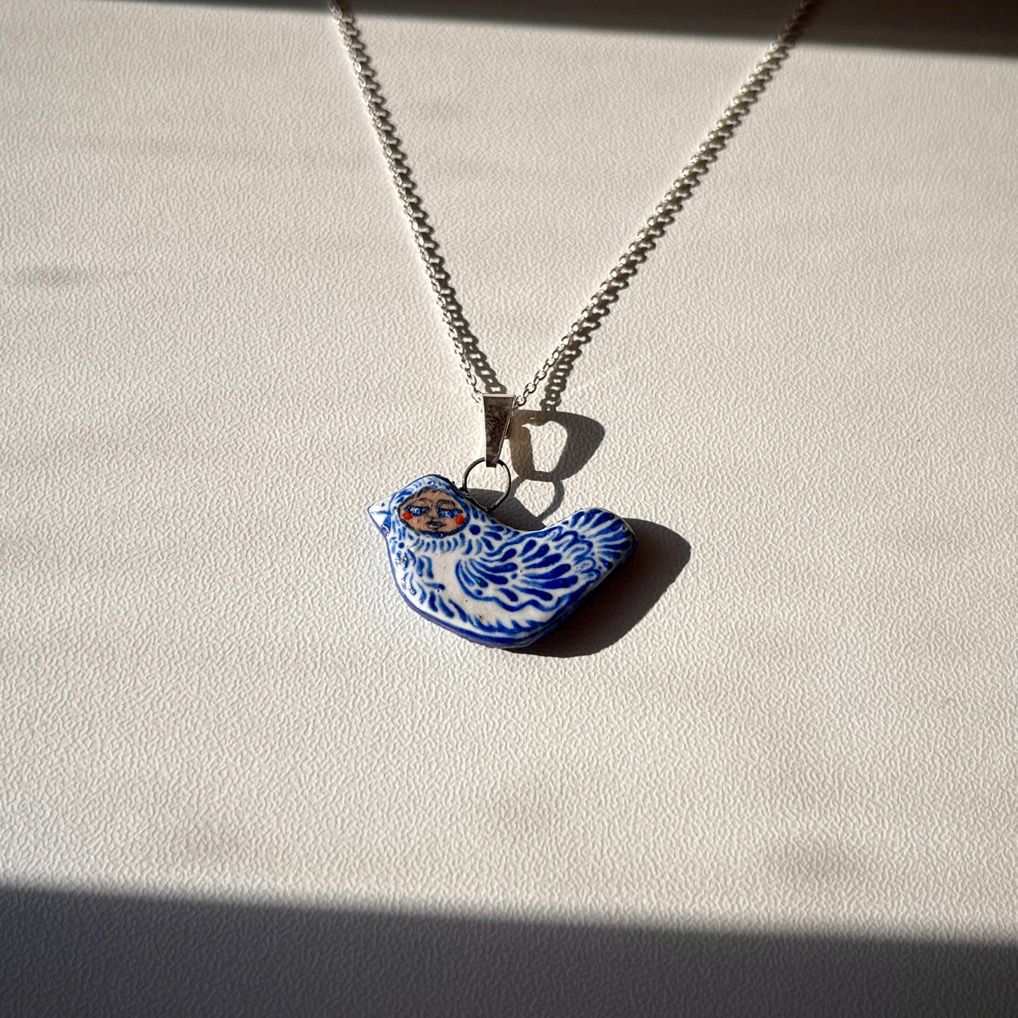 Handmade Ceramic Bird Pendant Necklace – Bird Person Design (Sterling Silver, Wearable Art)