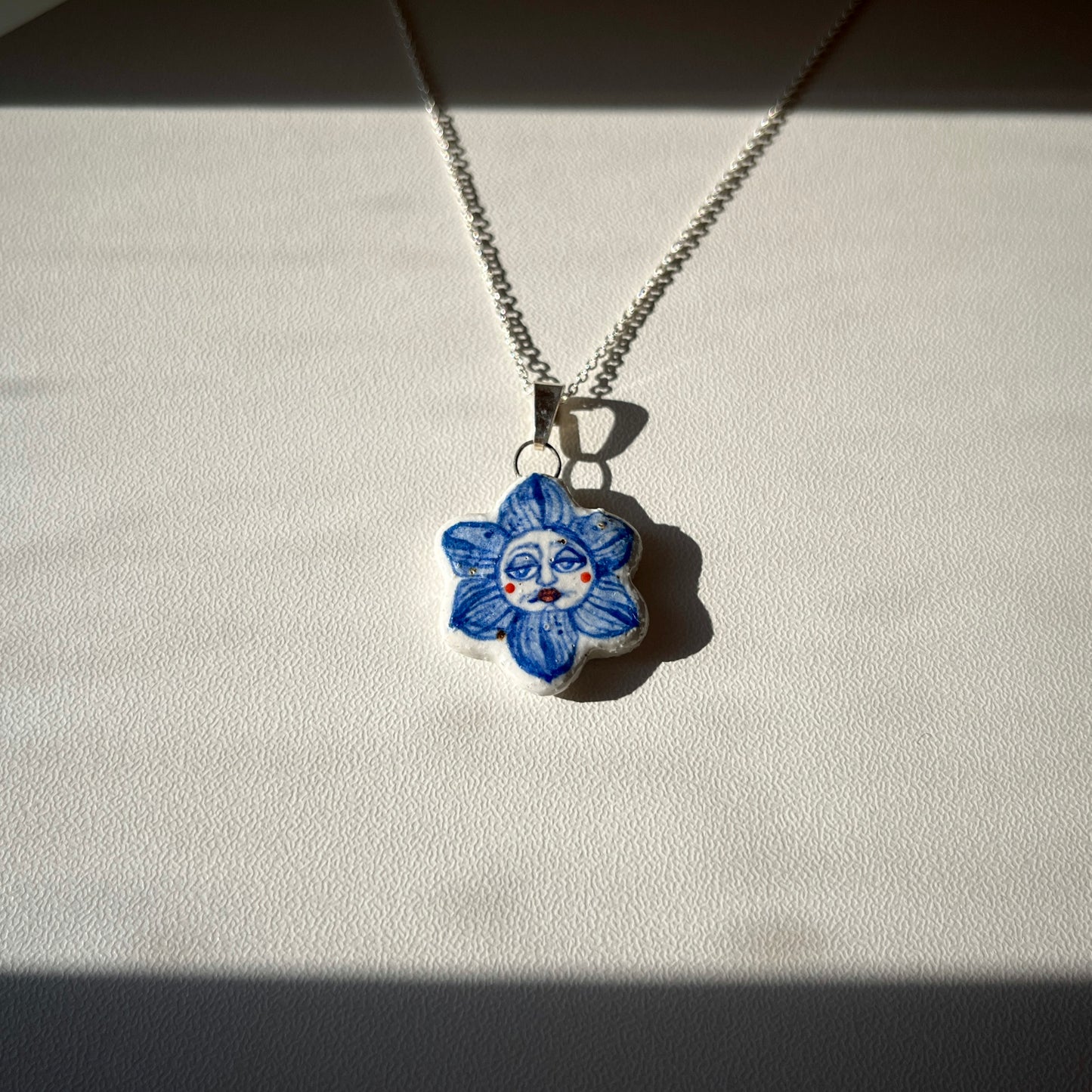 Handmade Ceramic Flower Shaped Pendant Necklace – Flower Person Design (Sterling Silver, Wearable Art)