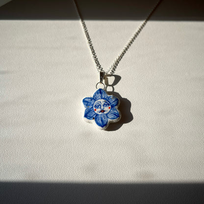 Handmade Ceramic Flower Shaped Pendant Necklace – Flower Person Design (Sterling Silver, Wearable Art)