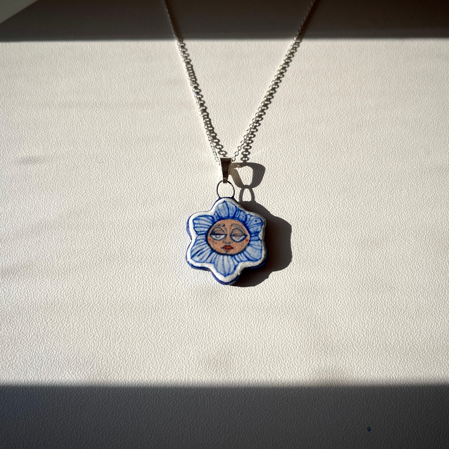 Handmade Ceramic Flower Shaped Pendant Necklace – Flower Person Design (Sterling Silver, Wearable Art)
