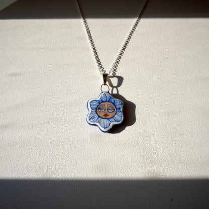 Handmade Ceramic Flower Shaped Pendant Necklace – Flower Person Design (Sterling Silver, Wearable Art)