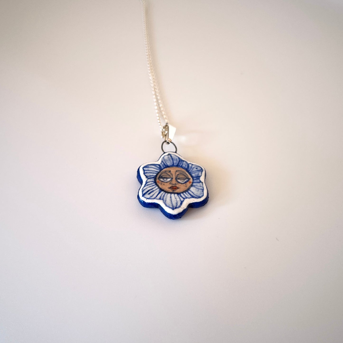 Handmade Ceramic Flower Shaped Pendant Necklace – Flower Person Design (Sterling Silver, Wearable Art)