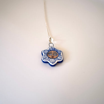 Handmade Ceramic Flower Shaped Pendant Necklace – Flower Person Design (Sterling Silver, Wearable Art)