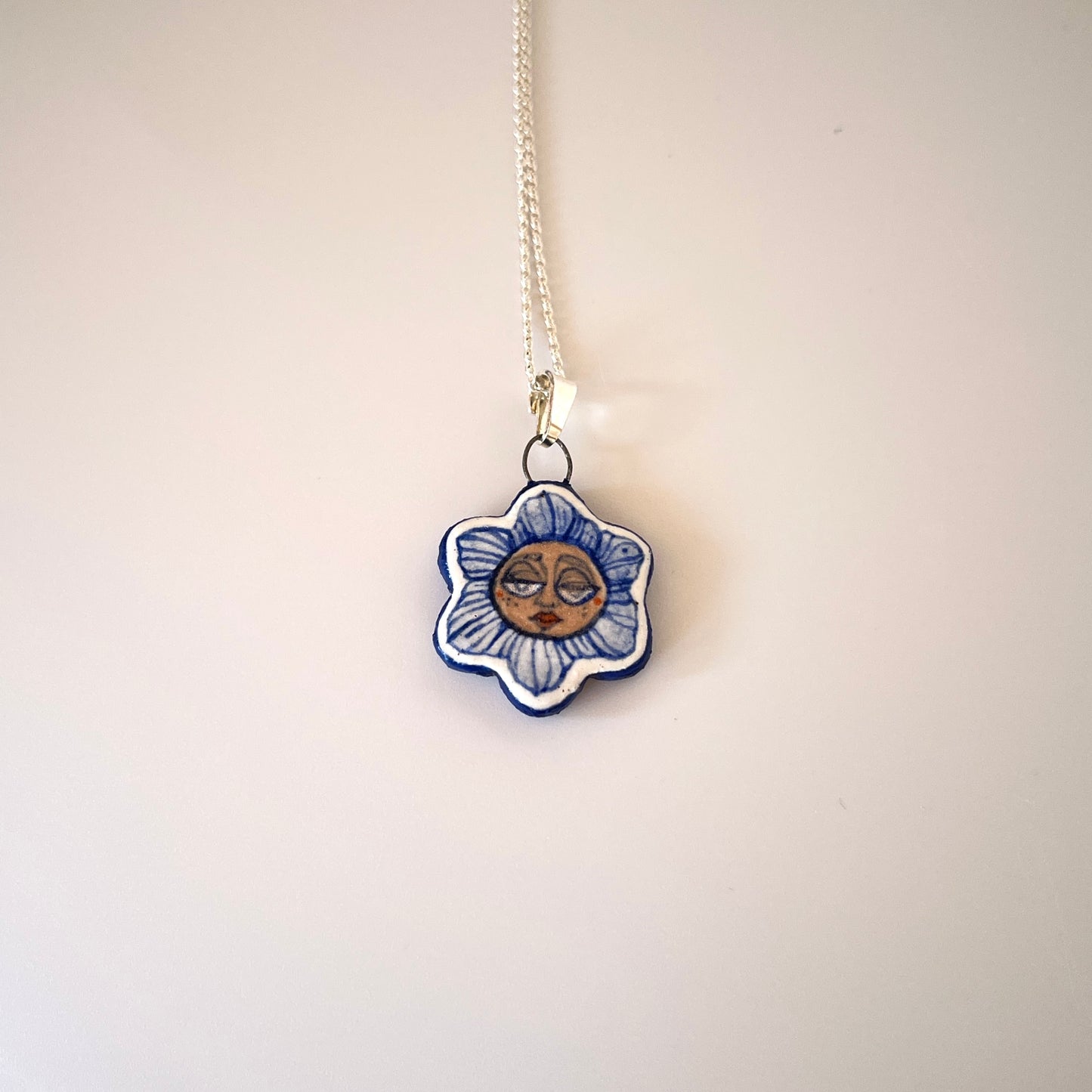 Handmade Ceramic Flower Shaped Pendant Necklace – Flower Person Design (Sterling Silver, Wearable Art)